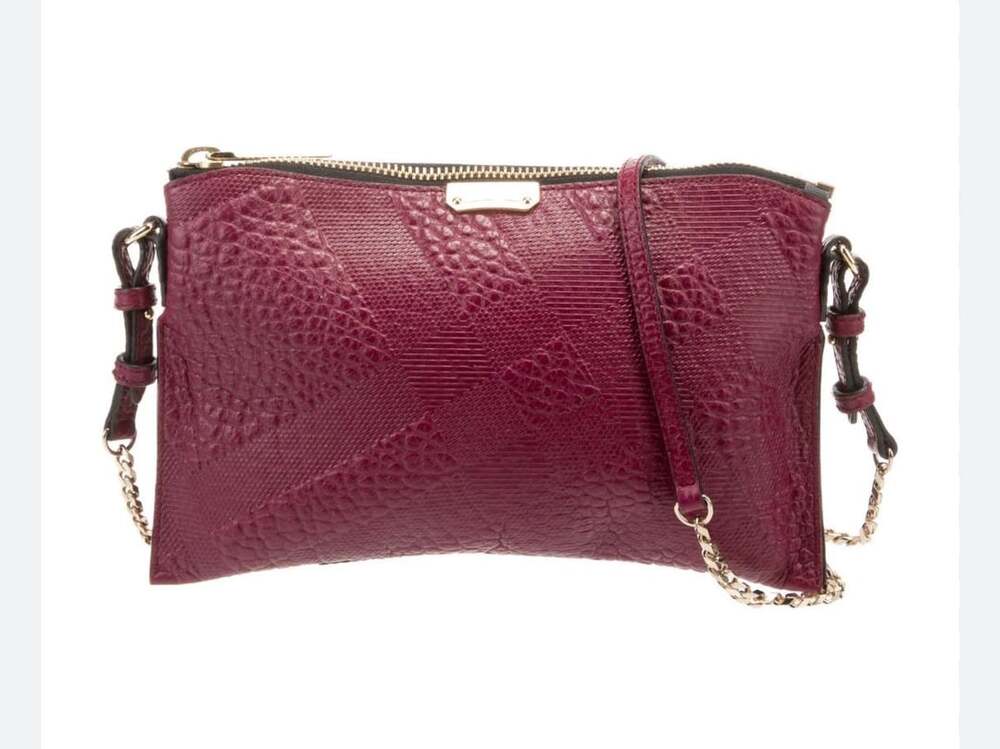 Burberry Peyton Grain Check Embossed Leather Crossbody Bag Maroon Burgundy